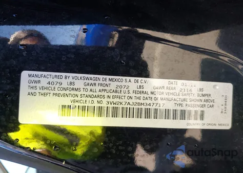 2011 Volkswagen Jetta 2.0L S из США, поврежденный, VIN 3VW2K7AJ2BM347717